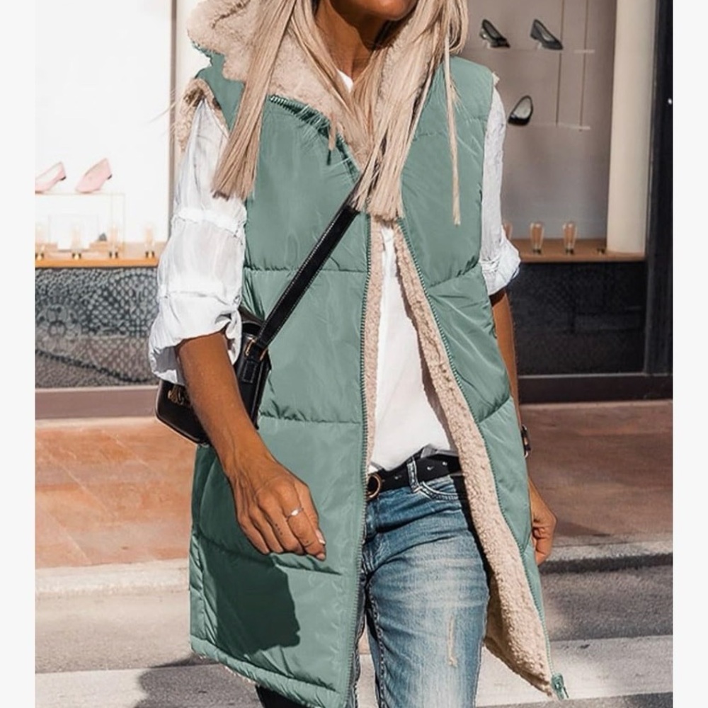 Long Sherpa-Lined Puffer Vest - Sage Green